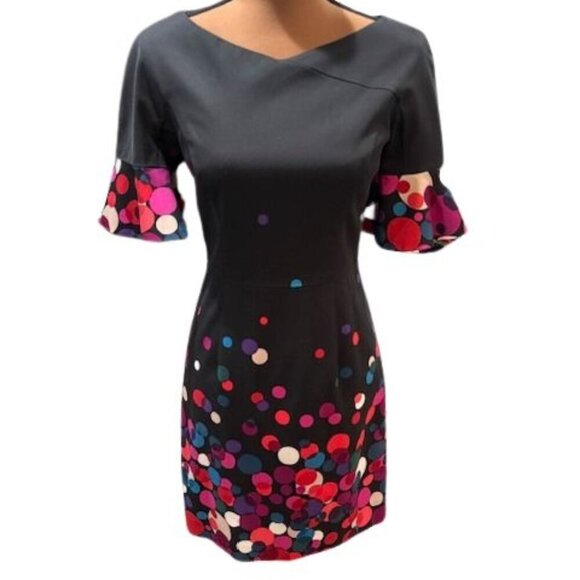 Trina Turk Black Mini Dress with Ruffle Sleeves and Multicolor Circles – Size 2 - Picture 1 of 8